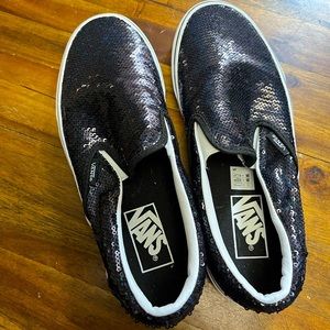 Woman’s sequin Vans. Black with hint of navy  sequins and white sole like new